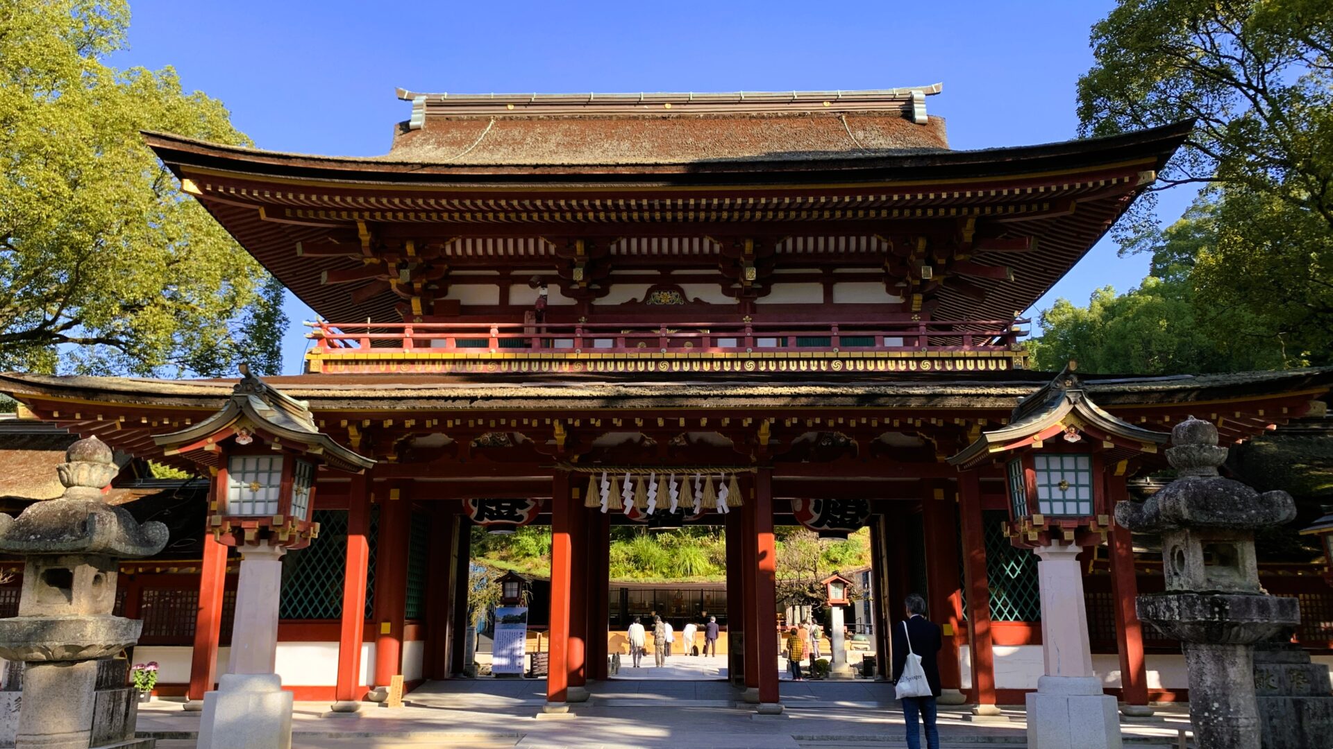 福岡・大宰府天満宮の楼門から仮殿に向けて撮影。赤い柱が印象的な楼門から、仮殿が見える。早朝の青空が広がり、参拝客が少し訪れている風景。