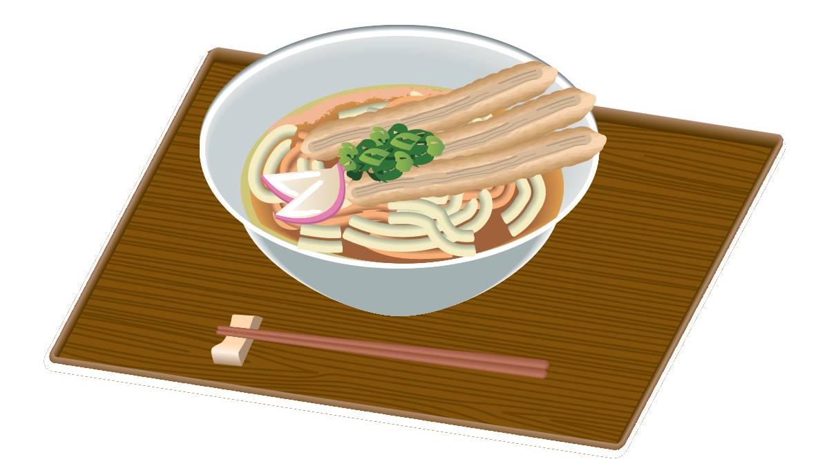 ごぼう天うどんのイラスト。白い丼ぶりにうどんが盛られ、ごぼう天、ねぎ、かまぼこがトッピングされている。木目調のお盆には、手前に箸が置かれている。