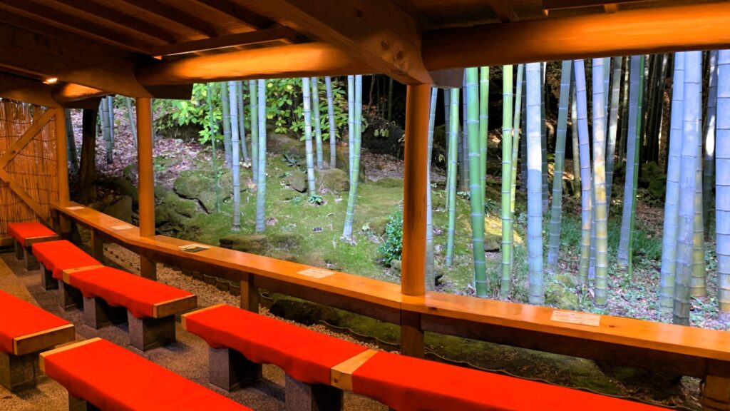 鎌倉・報国寺の茶席『休耕庵』の竹林と客席の風景。赤い布が敷かれた長い客席が2列に並び、前方には木製のテーブルがあり、屋根で覆われている。竹林は早朝の日差しを浴び、静かな雰囲気が漂う。