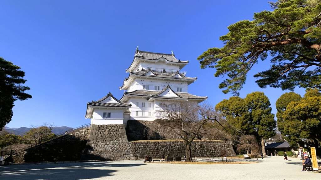 小田原城の天守閣を撮影したものである。青空の下、白い壁と灰色の瓦屋根が美しく映える。手前には広場が広がり、周囲は青々とした木々に囲まれ、人影は少ない穏やかな風景である。
