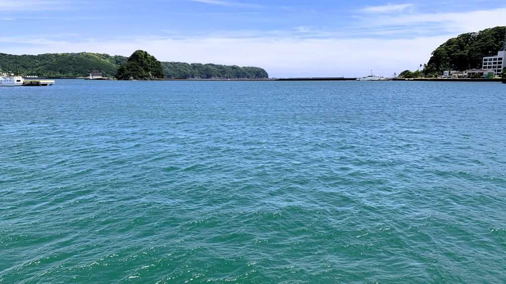 静岡県下田市の市場の食堂 金目亭前に広がる海を撮影。青い海には穏やかな波が立ち、晴れた空の下、左右の奥には緑豊かな山々が見える、自然に囲まれた下田らしい海辺の風景。