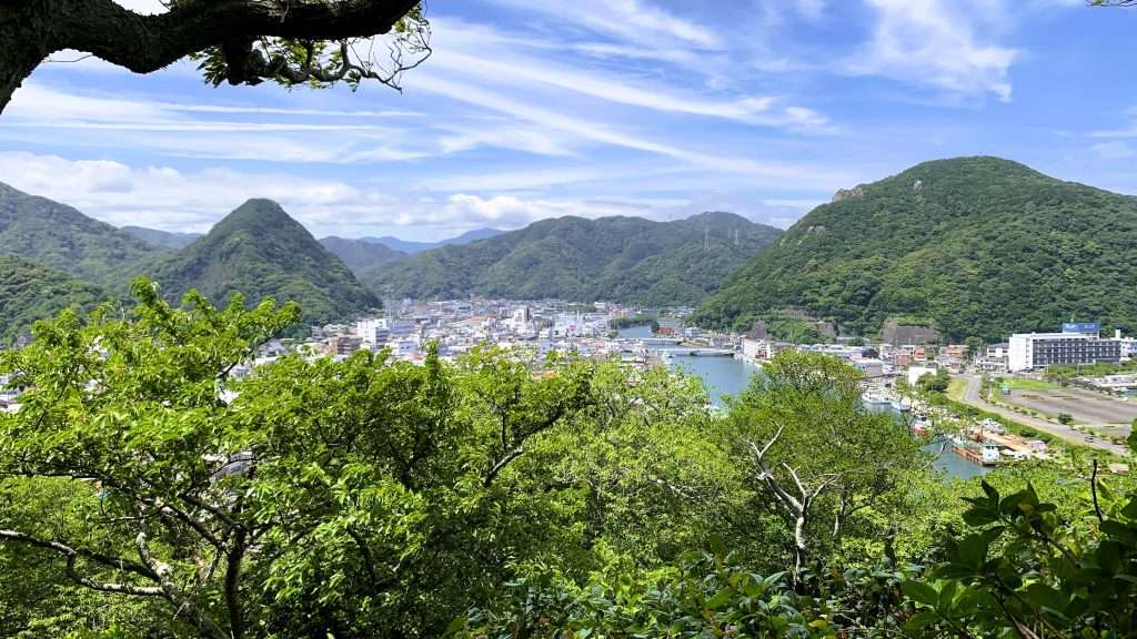 静岡県下田市の下田公園の展望スポットから撮影した風景。手前の緑豊かな木々の向こうに下田の街並みが広がり、その奥を山々が囲む。青空には筋状の白い雲が浮かぶ、開放感あふれる眺望。